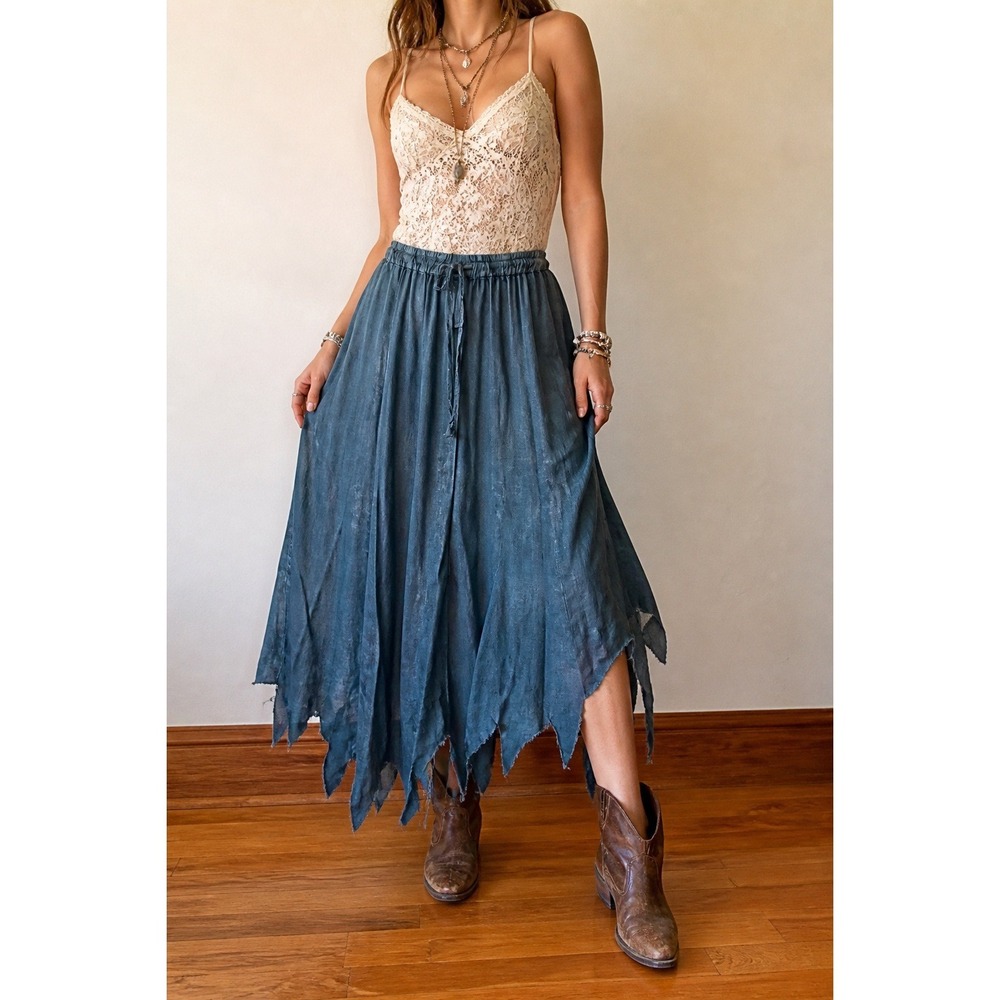 Boho Peasant Midi Skirt Small Sharkbite Asymmetric Hem Elastic Waist Festival